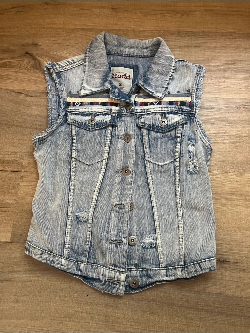 Mudd Light Blue Distressed Denim Vest with Embroidered Trim